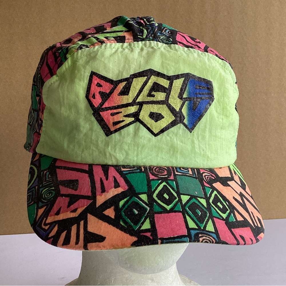 Vintage 1980s Bugle Boy 5-panel Neon Hat All Over print rare! 100% nylon